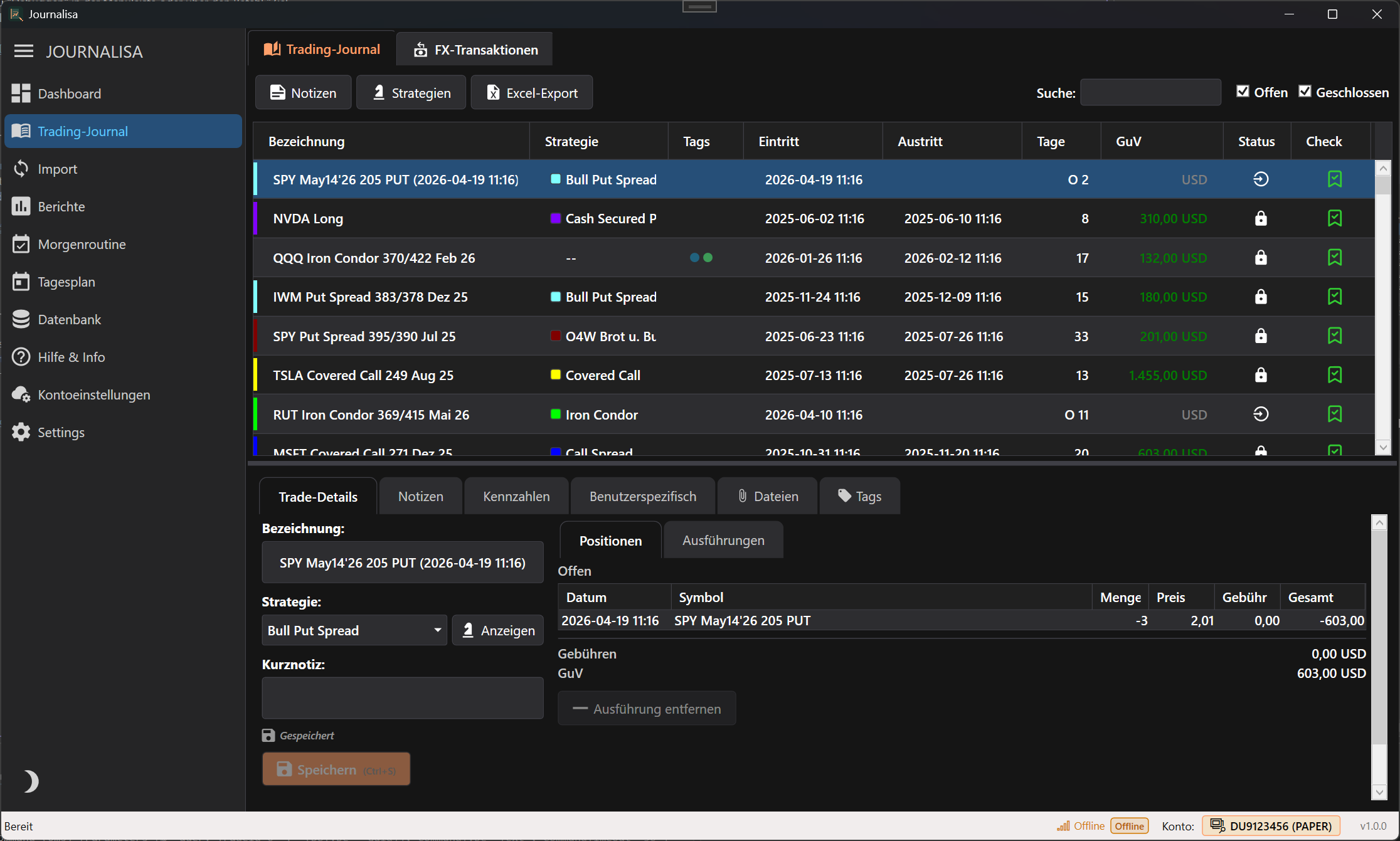 Trading Journal mit Optionen
